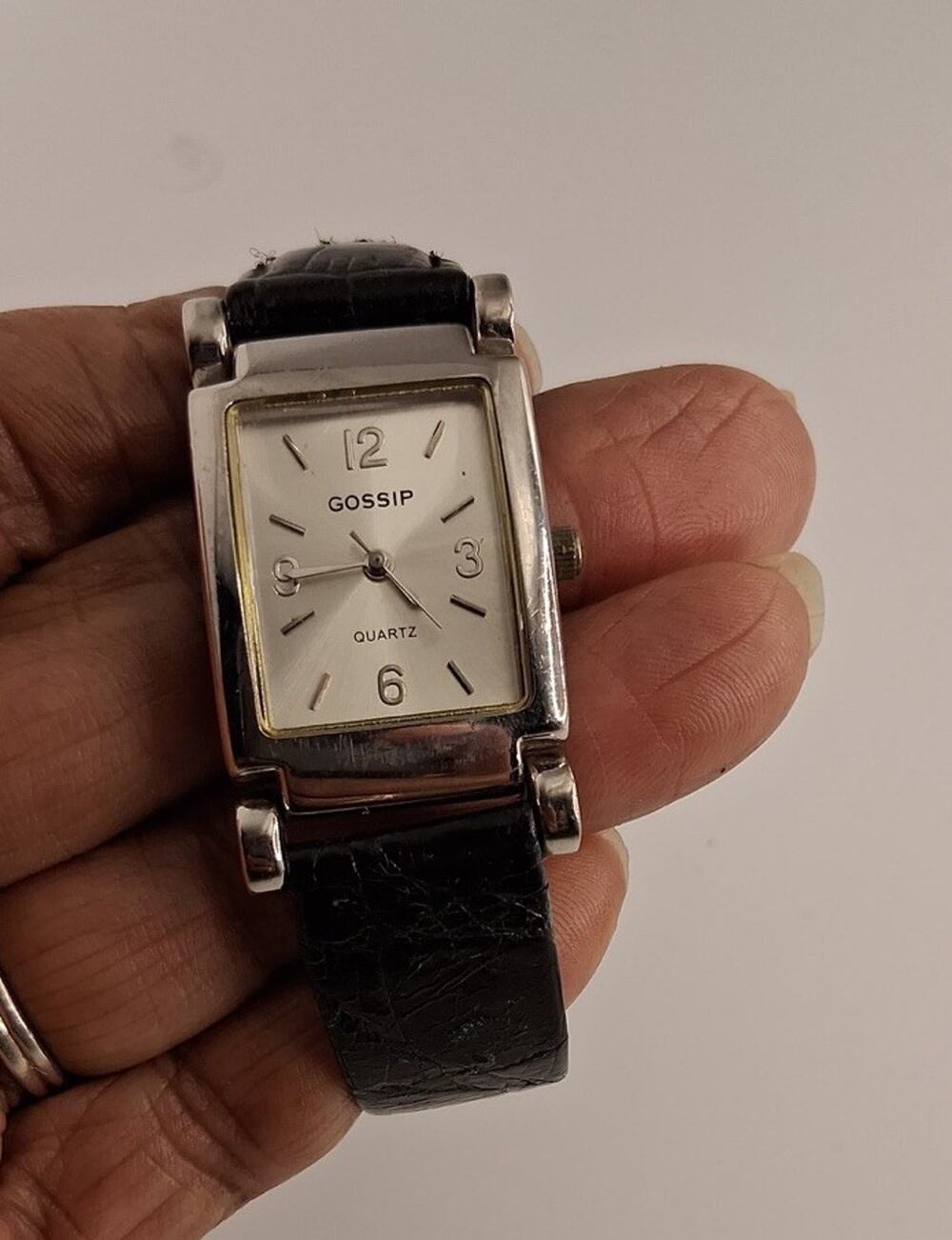 Vintage Womens GOSSIP Silver Tone Tank Quartz Watch Raymond Weil Leather Strap